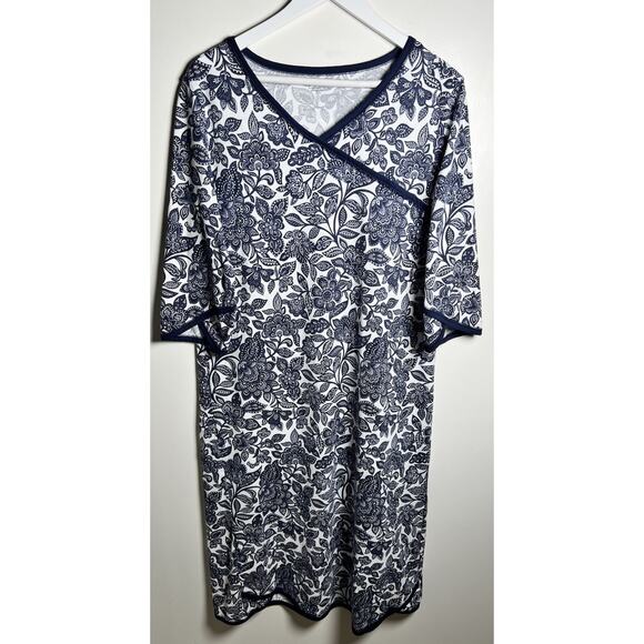 Garnet Hill Asian Wrap Organic Cotton Blue Floral Midi Night Gown Large NWOT - Picture 1 of 12